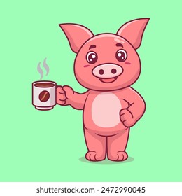 Cute pig drinking coffee cartoon icon illustration. Animal drink icon concept isolated flat cartoon style