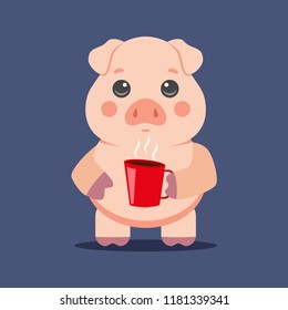 Cute Pig drinks coffee. Vector cartoon animal character isolated on background.