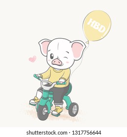 Cute pig drive a tricycle with balloons cartoon hand drawn vecter illustration. Use for Happy birthday invitation card, T-shirt print, baby shower.