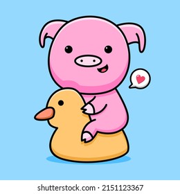 Cute pig with duck swimming balloon cartoon design