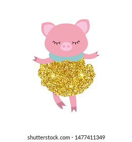 Cute pig with dust glitters. Greeting card.