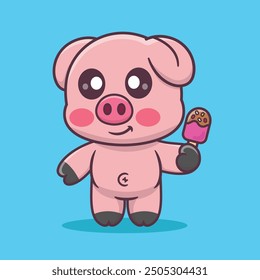 Cute Pig Eat Ice Cream Stick Cartoon Vector Icon Illustration. Animal Food Icon Concept Isolated Premium Vector. Food And Drink Cartoon Style