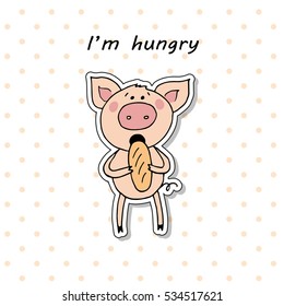 Cute pig eating bread. Funny vector illustration in cartoon style on white background with pink peas. Lovely crafted design for postcards and prints. I'm hungry