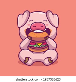 Cute pig eating burger cartoon illustration The Concept of Isolated Technology. Flat Cartoon Style Suitable for Landing Web Pages, Banners, Flyers, Stickers, Cards