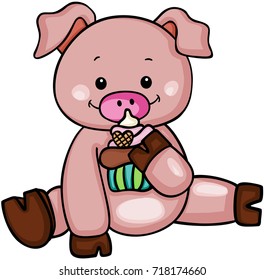 Cute pig eating cupcake
