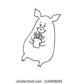 Cute pig is eating deep-fried potatoes. Hand drawn vector illustration.