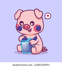 Cute Pig Eating Jam In Jar Cartoon Vector Icon Illustration. Animal Food Icon Concept Isolated Premium Vector. Flat Cartoon Style