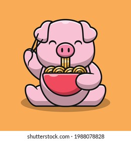 Cute pig eating noodle cartoon illustration