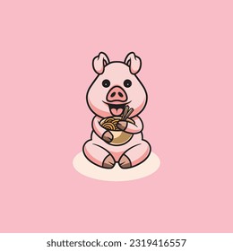 Cute pig eating noodle cartoon illustration