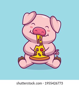 Cute pig eating pizza cartoon illustration The Concept of Isolated Technology. Flat Cartoon Style Suitable for Landing Web Pages, Banners, Flyers, Stickers, Cards