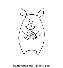 Cute pig eating pizza. Hand drawn vector illustration.
