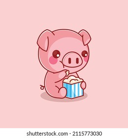 Cute pig eating popcorn cartoon