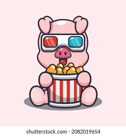 Cute pig eating popcorn and watch 3d movie