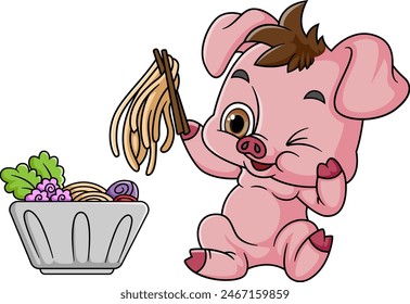 Cute pig Eating Ramen Bowl With Chopstick of illustration