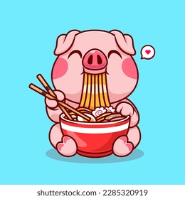 Cute Pig Eating Ramen Noodle Cartoon Vector Icon Illustration. Animal Food Icon Concept Isolated Premium Vector. Flat Cartoon Style