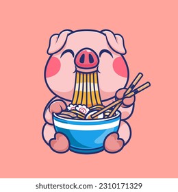 Cute Pig Eating Ramen Noodle With Chopstick Cartoon Vector Icon Illustration. Animal Food Icon Concept Isolated Premium Vector. Flat Cartoon Style