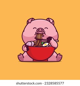 Cute pig eating ramen noodle simple cartoon vector illustration animal food icon
