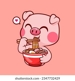 Cute Pig Eating Ramen Noodle Cartoon Vector Icon Illustration. Animal Food Icon Concept Isolated Premium Vector. Flat Cartoon Style