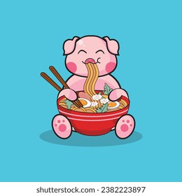 Cute Pig eating ramen noodle cartoon vector flat illustration