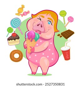 Lindo cerdo comiendo muchos dulces. Piso, cartel, Vector, ilustración, dibujos animados, EPS10. 