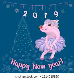 Cute pig in an elegant pink dress. Vector illustration.