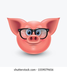 Cute pig emoticon, emoji wearing eyeglasses - vector illustration