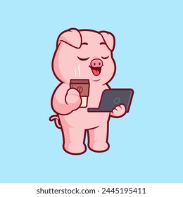 Cute pig enjoy coffee with laptop cartoon vector icon illustration. Flat style animal cartoon logo mascot