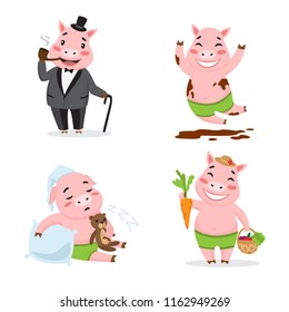 Cute pig enjoying different actions. Cartoon character set. Smoking pipe, rolling in mud, sleeping, harvesting Vector illustration can be used for kindergarten, elementary school education