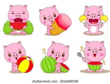 Cute pig enjoying summer vector design illustration