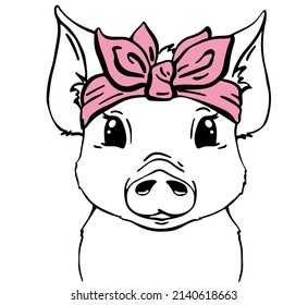 Cute pig face with bandana children's t-shirt print. Baby cute farm vector