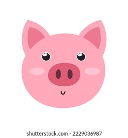 Cute pig face in cartoon style. Farm character head for baby and kids design. Funny smiling animal print. Vector illustration