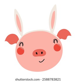 Cute pig face with Easter bunny ears character illustration. Hand drawn flat style design, isolated vector. Holiday clip art, seasonal card, banner, poster, kids print element
