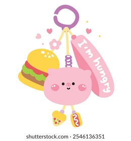 Cute pig face head keychain bag with bead.I am hungry text.Hamburger,hot dog,pizza.Farm animal cartoon.Image for card,sticker,decoration item.Kawaii.Vector.Illustration.