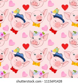 Cute pig face with heart shape seamless pattern.
