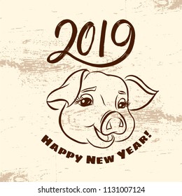 Cute pig face outline illustration. Funny piglet, symbol of new 2019 year by Chinese calendar. Hand drawn icon, logo. Can be used for poster, banner, Christmas card, pork producer, farmer selling meat