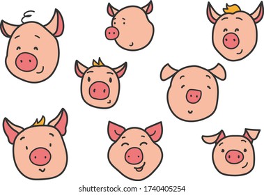 Cute pig face set different expression. Funny little pigs isolated on white background. Hand drawn vector line illustration for kids design