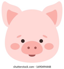 Cute Pig Face Vector Icon Isolated On White Background. Flat Cartoon Design Funny Pink Piglet Head Illustration.  