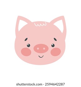 Cute pig face vector illustration. Adorable cartoon animal in soft pink tones with a friendly smile. Fun and playful design for children's products, nursery decor, prints, and educational materials.