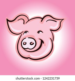 Cute Pig face vector silhouette, good for the farm or restaurant icon on pink background.