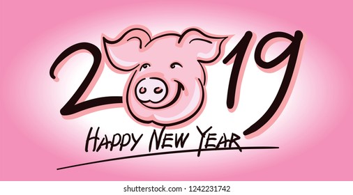 Cute Pig face vector silhouette - 2019 New Year symbol. On pink background.