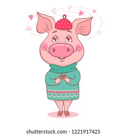 Cute pig fallen in love. Swine dressed in a sweater. In the eyes of a piglet, hearts instead of pupils. Can be used like sticker, romantic cards for Valentine's Day, textiles. Symbol of the year 2019.