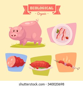 Cute pig farm animal . Illustration of isolated farm animals set on colored background.  Flat Vector illustration. Stock Vector. 