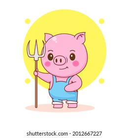 cute pig farmer character cartoon illustration