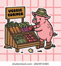 Cute Pig Farmer Selling Vegetables at Veggie Corner Stall Vector Illustration