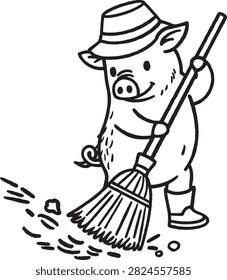 Cute Pig Farmer Sweeping Dirt with Broom Vector Illustration