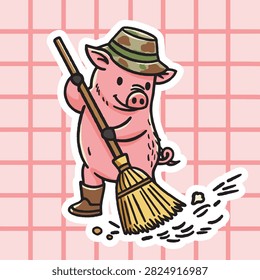 Cute Pig Farmer Sweeping Farm Yard with Broom Vector Illustration