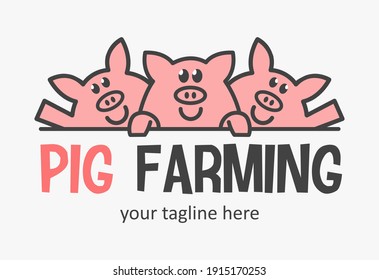 Cute pig farming logo with three funny pigs. Market pigs icon. Farmer sign.