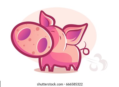 Cute Pig Farting. Vector Illustration. isolated on white background.