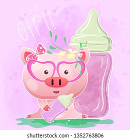 cute pig with feeding bottle. Can be used for kids/babies shirt design, fashion print design,t-shirt, kids wear,textile design,celebration card/ greeting card, invitation card - Vector