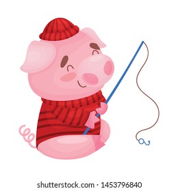 Cute pig fisherman. Vector illustration on white background.